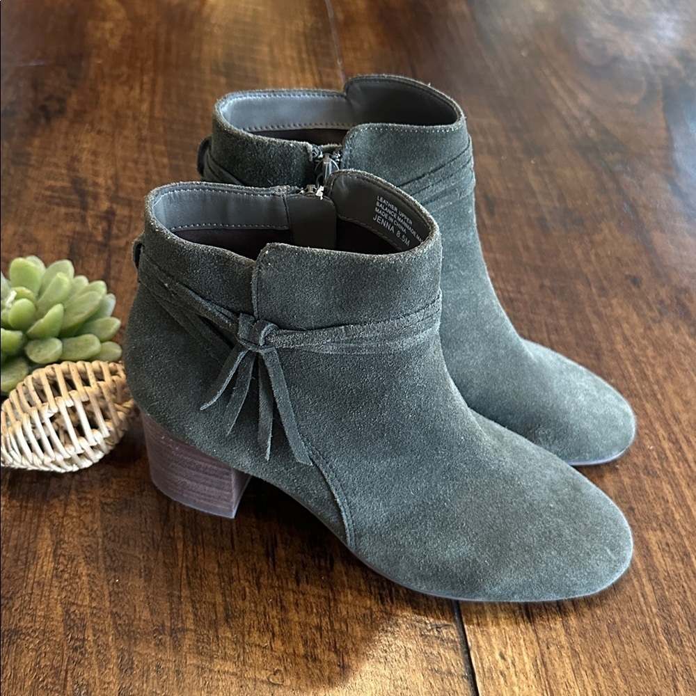 Violet & Red | “Jenna" Bootie in Green Suede, Size 8.5